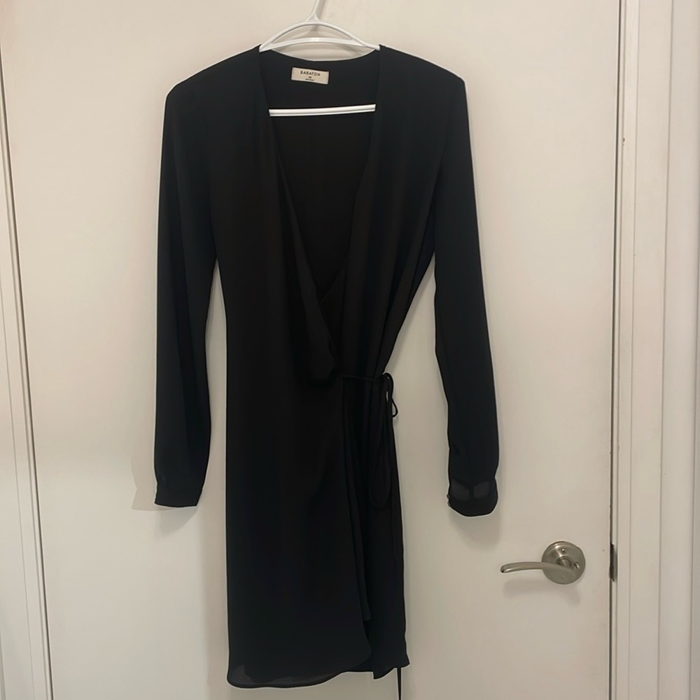 Aritzia black Babaton wrap dress.